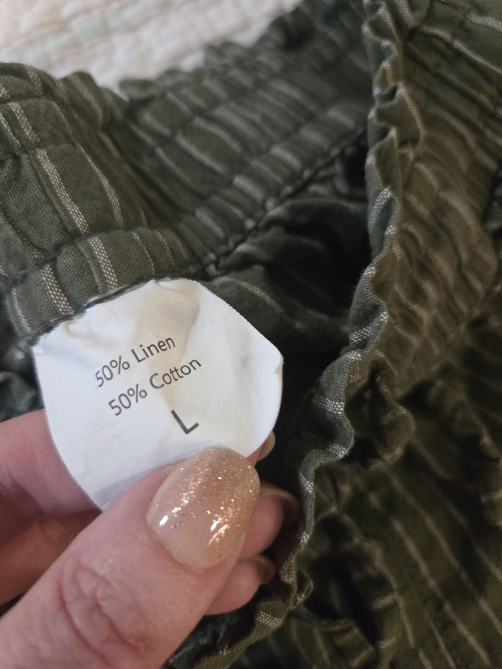 Olive Green Pinstripe Wide-Leg Loung Linen Blend Pants L - Picture 4 of 8